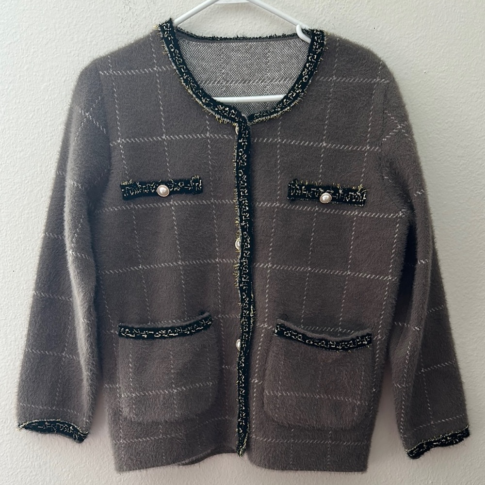 Gray elegant Trim Cardigan Sweater